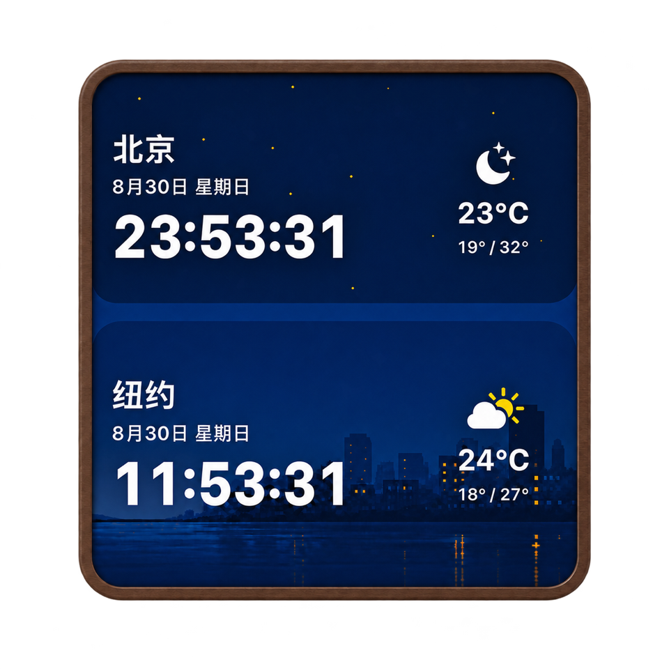 DualFlipClock 大号桌面 Widget，显示北京与纽约的时间和天气